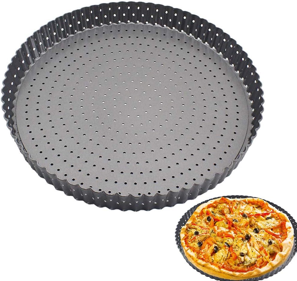 Crusty Bake Non Stick Pastry/Flan Tin, Carbon Steel Round/Rectangle Cake Tin with Loose Base, No Seams and No Dead Ends, Easy to Clean, Black, 28 cm/31.6 cm(Round)