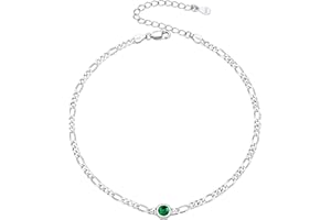SILVERCUTE Figaro Anklets for Women, Sterling Silver Diamond Cut 3mm Link Chain Ankle Bracelet with Heart/Round Birthstone, Length 8.5"-10.5"