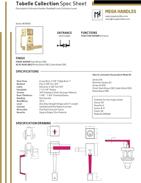 MEGA HANDLES – TOBELLE ENTRY DOOR HANDLESET IN SATIN BRASS FINISH – SINGLE CYLINDER HANDLESET WITH LEVER FOR ENTRANCE AND FRONT DOORS – MODERN DOOR HANDLES FOR LEFT AND RIGHT-HANDED DOORS