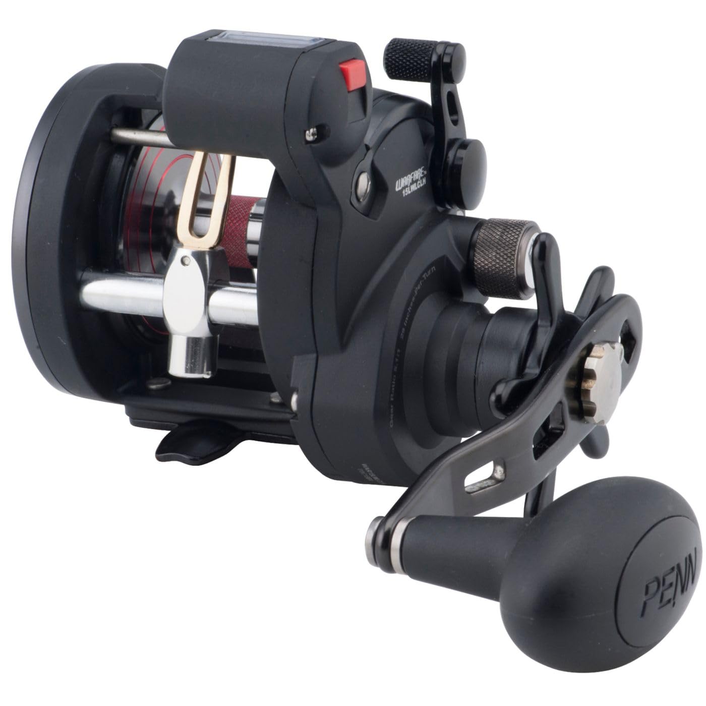 PENN Warfare™ Level Wind, Fishing Reel, Conventional Reels, Sea - Inshore/Nearshore Fishing, Saltwater Boat or Kayak Fishing,Unisex, Black/Red/Smoke, 15LC | Left Hand
