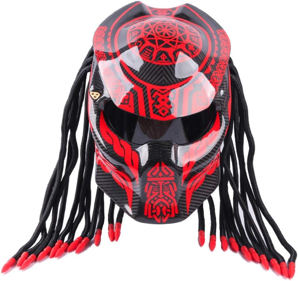 WWtoukui Cool Predator Motorcycle Helmet, Carbon Fiber UV Protection Anti-fog Mask Fringe Scorpion Full Face Helmet Motocross Locomotive DOT Certified Helmet,L