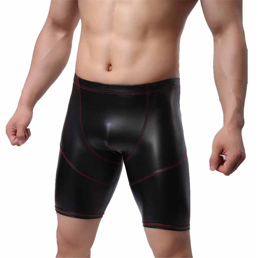 YFD Men's Wet Look Boxers Shorts Faux Leather Half Tights Leggings Swimwear Trunks Pants