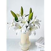 YalzoneMet 2 Pcs White Stargazer Lily Artificial Flowers for Decoration, 28 inch Long Stems Real Touch latex Fake Flowers, Faux Silk Easter Lily for Spring Indoor Home Office Wedding Table Centerpiece