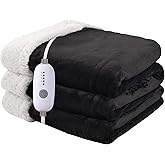 Heated Blanket Electric Throw Size 50''x60'' with 5 Heating Levels, 3 Hour Auto Shut Off, Machine Washable, Flannel & Sherpa Double-Sided Soft Warming Blanket for Couch, Bed, Office - Black