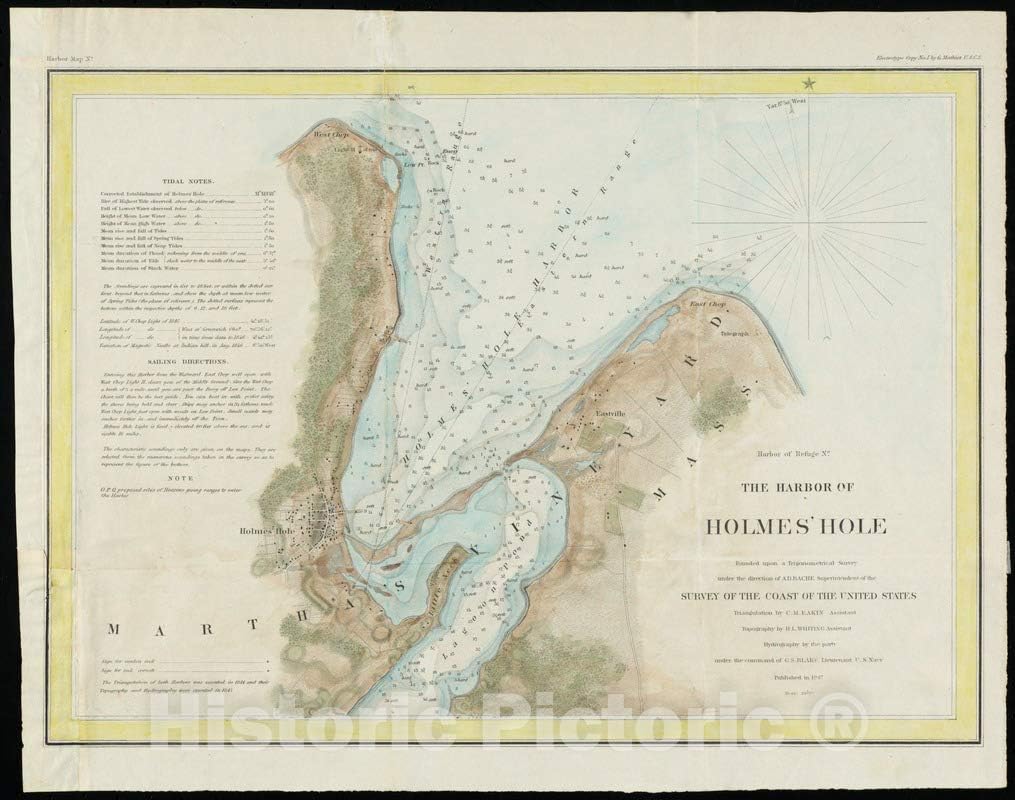 Historical Map, 1847 The Harbor of Holmes' Hole, Vintage Wall Art : 55in x 44in