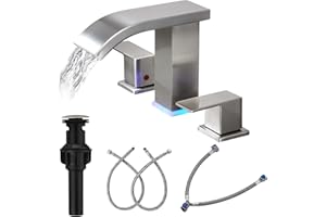 TAI DOO Bathroom faucets 3 Hole Brushed Nickel Vanity Faucet with led Waterfall Bathroom Faucet 3 Hole Sink Faucet Bathroom 8 inch Widespread Modern Parts Touch on 2 Handle