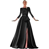 Dexinyuan Women's Long Sleeves Prom Dresses Long Ball Gown for Women Sequin Satin Formal Evening Dresses with Slit