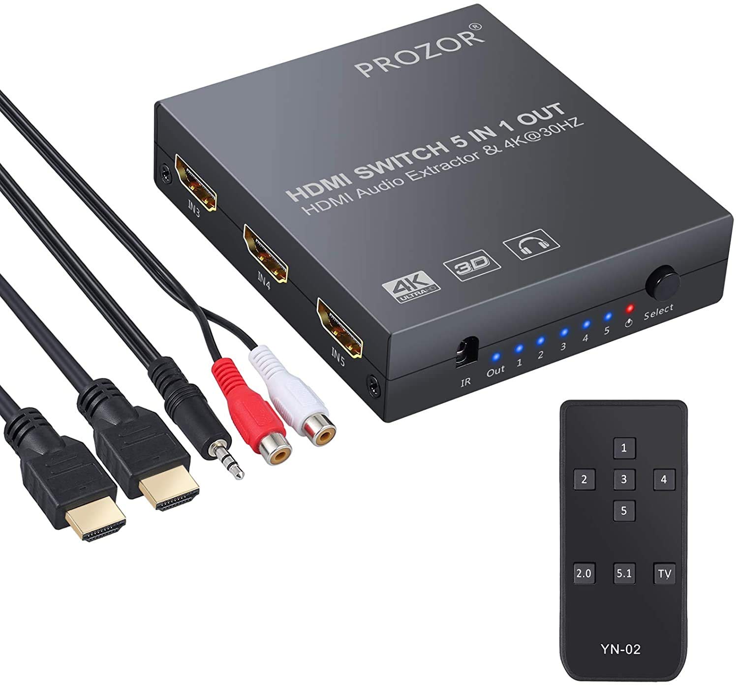 PROZOR 5 IN HDMI Audio Extractor 4K HDMI Switcher with Toslink SPDIF 3.5mm RCA R/L Output with IR Remote HDMI Cable 3.5mm Male to 2 RCA Female Cable for Converting DVD PC to HDTV Soundbar etc