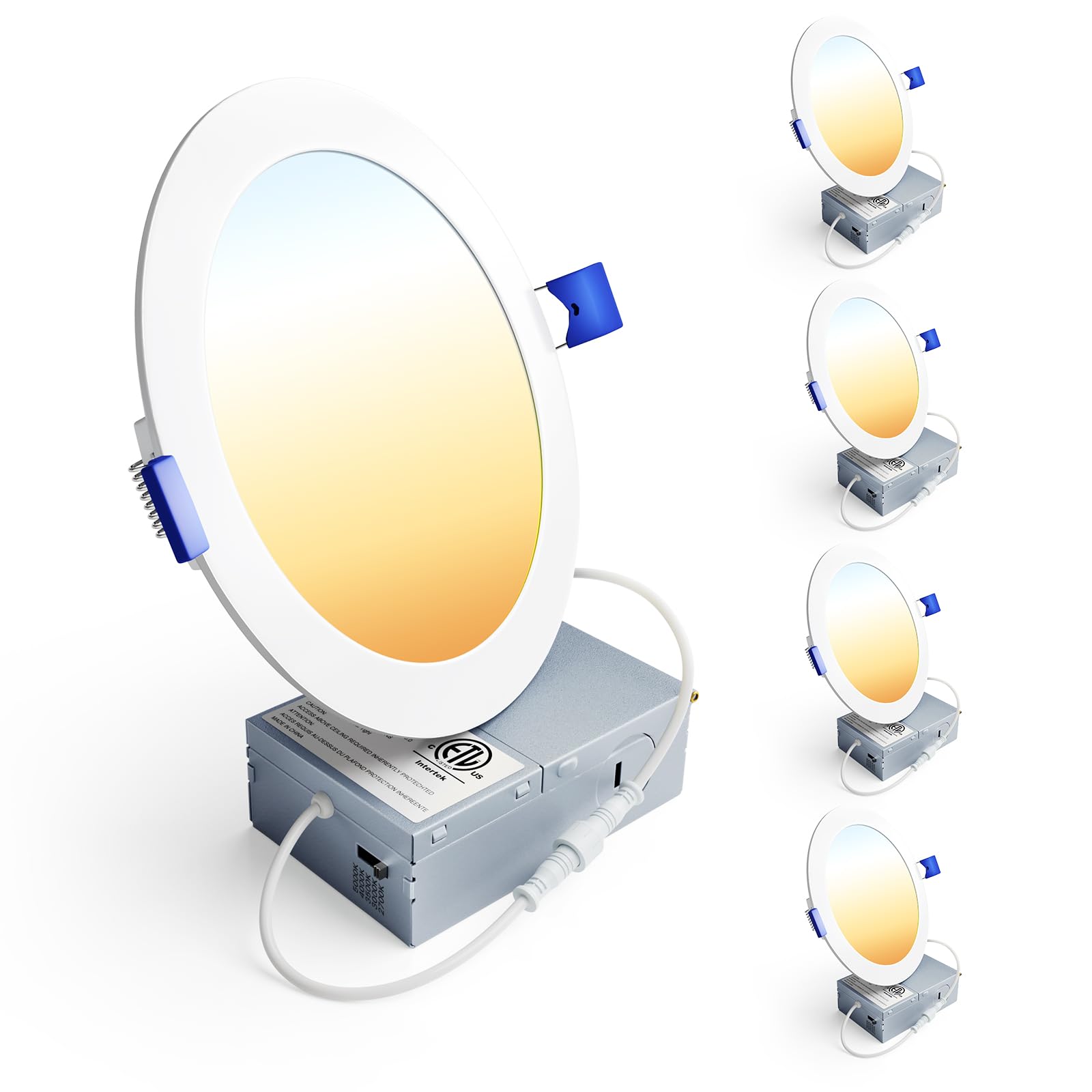 Photo 1 of Ensenior 4 Pack 6 Inch LED Recessed Light, Dimmable, 2700K-5000K 5CCT, 1200LM High Brightness, 12W 120V, Damp Rated, Ultra-Thin Canless Wafer Ceiling Light - ETL & FCC & IC