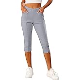 GRAPENT Capri Pants for Women High Waisted Pull On Elastic Waist Dressy Casual Stretchy Capris Trousers Pants Pockets