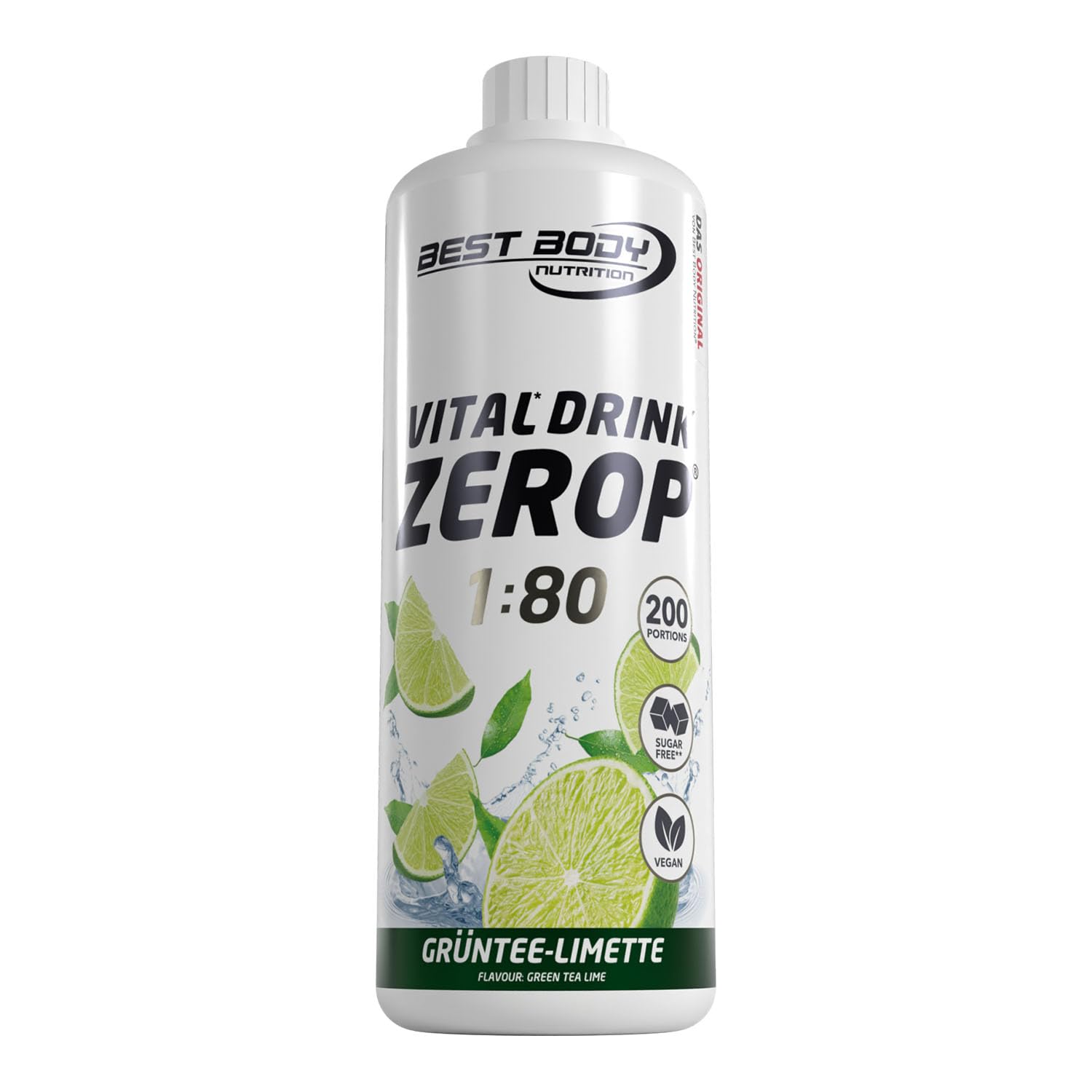 Best Body Nutrition ZEROP Vital Zuckerfreies Getränkekonzentrat Sirup Grüntee-Limette Ohne Aspartam 1 L ergibt 80 L Getränk Fitness Drink mit Vitaminen B1 B6 Niacin Kalorienarm Wassersprudler