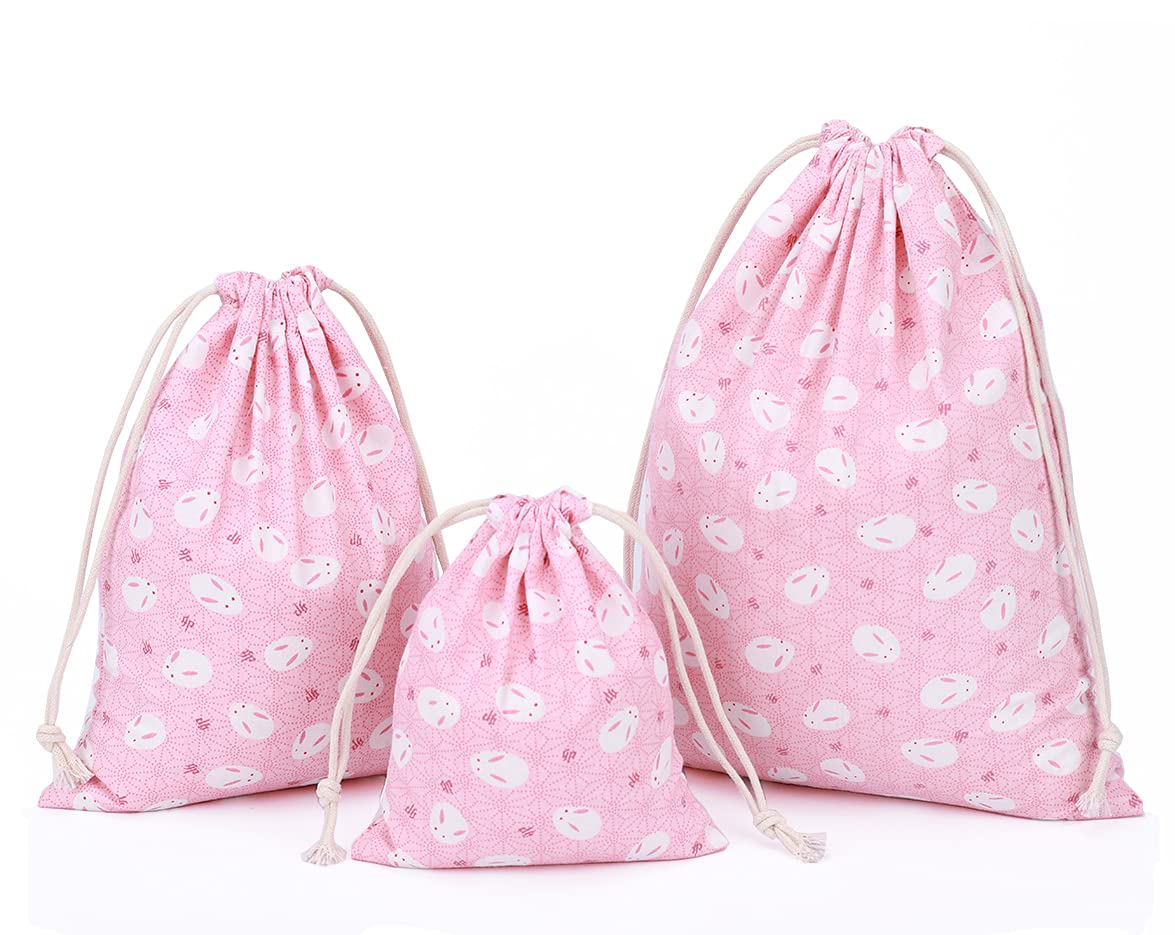 Amoyie 3 pcs Drawstring Storage Bags Set, Stuff Travel Home Accessories, Gift Bag, Cotton Organizer Bag for Cosmetic, Toy, Pink Rabbit
