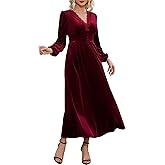 S. Adriana Women's Velvet Maxi Dress Elegant V Neck Lace Trim Smocked Waist Formal Wedding Guest Dresses with Pockets
