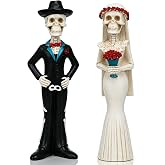 Roowest 2Pcs Day of The Dead Skeleton Bride Groom Figurines Halloween Decor | Dia De Los Muertos Couple Resin Figurines, Ofrenda Altar Tabletop Sculpture Gothic Decor, Halloween Wedding Skull Cake Topper