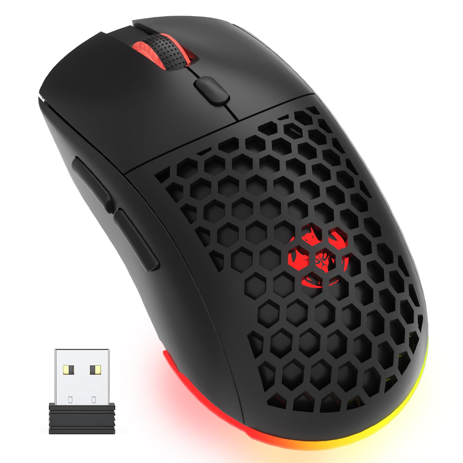 REBOCOON Honeycomb M32 Wireless Gaming Mouse - 2.4GHz RGB Rechargeable Ergo Mouse with Silent Clicks & 3200 DPI for PC/Mac (Black)