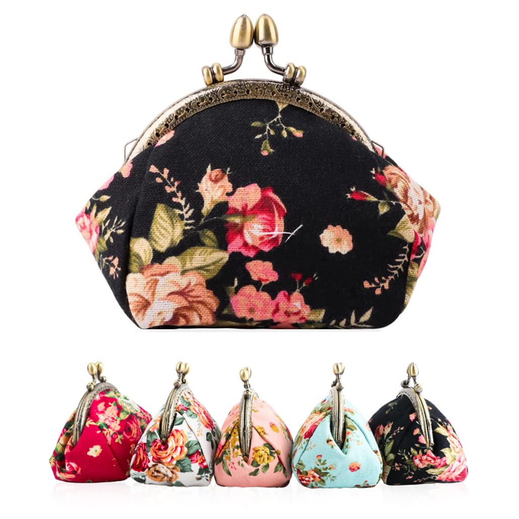 iSuperb Coin Purse Buckle Clutch Coin Pouches Canvas Round Vintage Coin Bags Hasp Wallet Lady Money Bags for Coins Kiss-Lock Change Pouch Rose Pattern Handbag for Women Girl (Black)