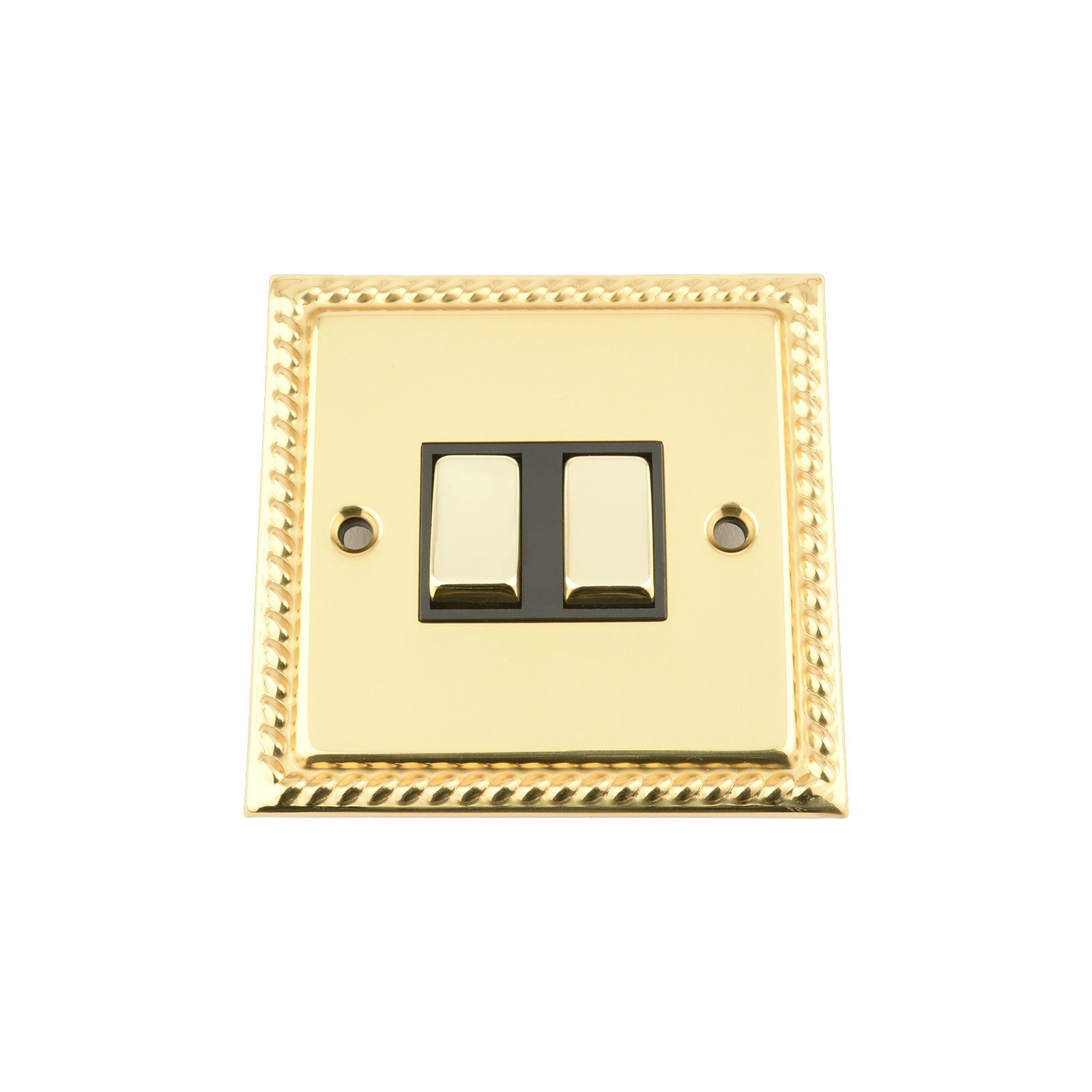Light Switch Double 2 Gang - Polished Brass Georgian - Black - Metal Rocker Switch - 10 Amp 2 Gang 2 Way