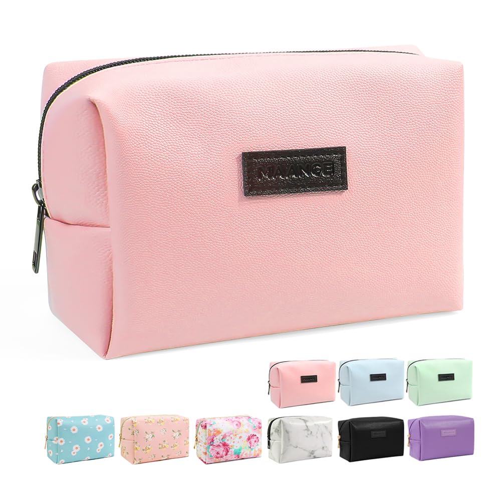 Makeup Bag MAANGE Travel Small Cosmetic Bag Makeup Pouch PU Leather Portable Versatile Zipper Make up Bag for Women (Pink)
