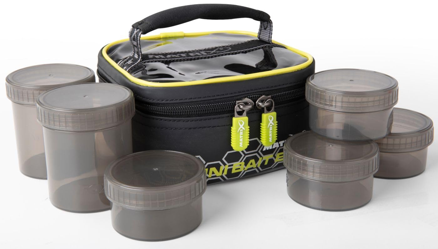 Matrix Commercial Fishing Mini Bait Bag inc. 6x plastic pots in two sizes (large & small) for Hook Baits Hard Pellets Boilies