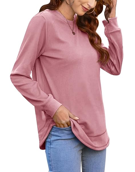 SUPNIER LONG SLEEVE TOPS FOR WOMEN CASUAL COMFY CREWNECK LOOSE FIT SHIRTS BLOUSES PINK S