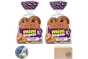 Thomas Mini Bagels 10 Pre-Slice Cinnamon Raisin Mini Bagel Fresh Bread 15oz Four Pack by ZIUU. Include One Branded Sticker