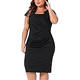 Agnes Orinda Plus Size Dress for Cap Sleeve Ruched Vintage Cocktail Business Midi Pencil Dress