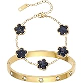 MIFKUD 2Pcs Clover Bracelet Set for Women 18K Gold Plated Four Leaf Clover Bracelet Love Bangle Bracelet Stack Lucky Bracelets Gold Link Bracelets Trendy Jewelry Gift for Women Birthday Christmas