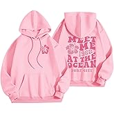 Lubpow Cute Pink Flower Hoodie for Woman Preppy Sweatshirts Trendy Puff Print Letter Graphic Hoodies Casual Pullover Tops