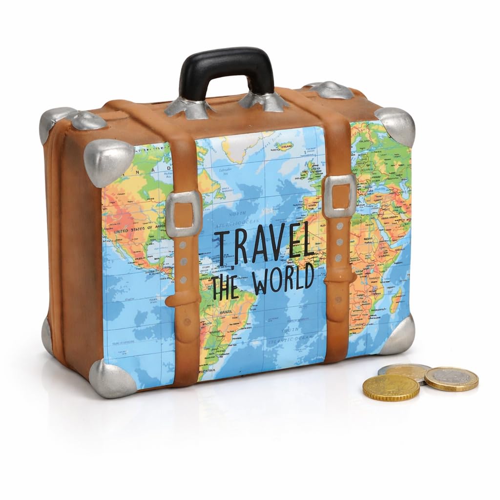 Topshop24you Beautiful box, piggy bank, holiday fund, travel fund, box, travel suitcase, brown with plugs