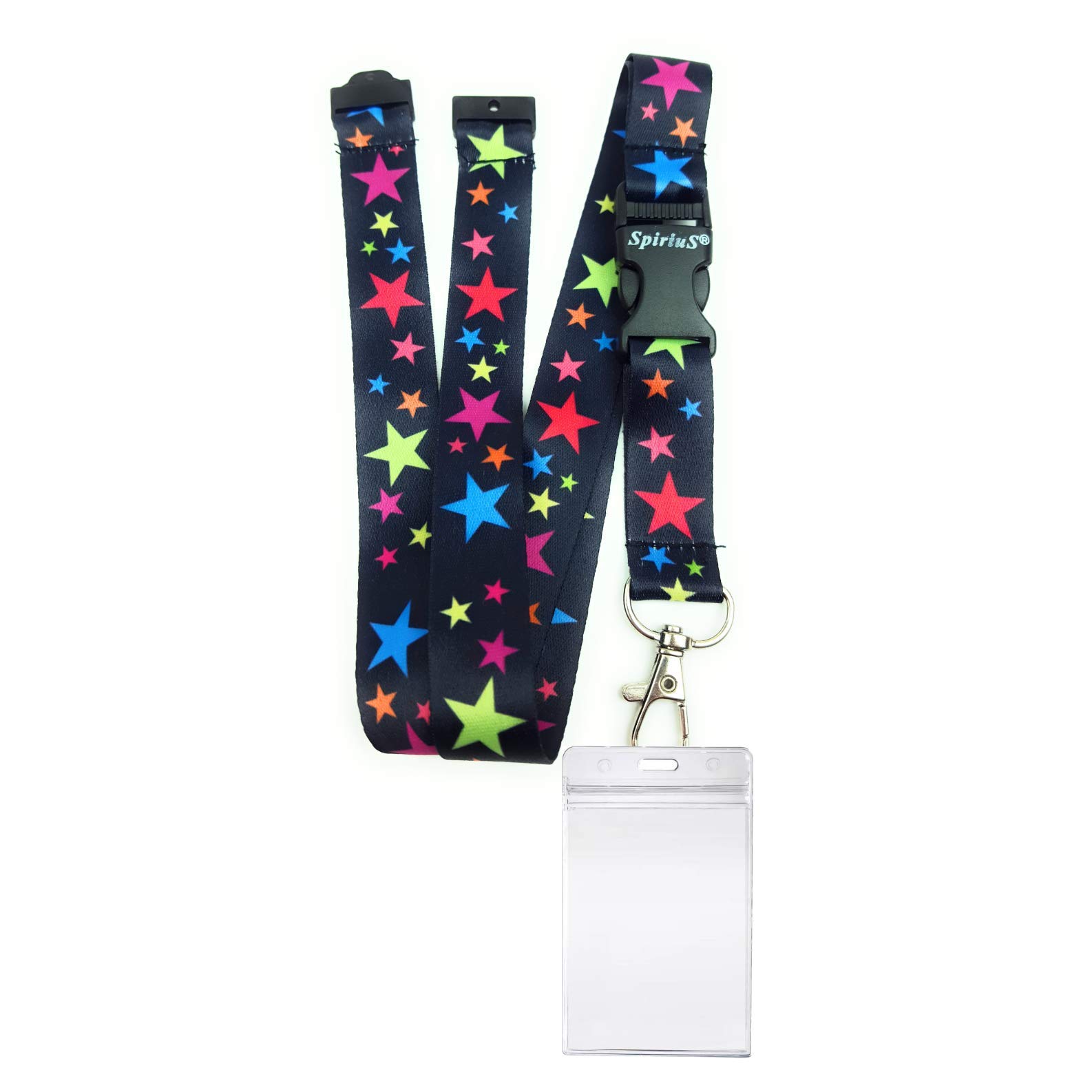 SpiriuS Lanyard Breakaway Neck Strap with Zip-Lock Waterproof Clear Plastic Badge Holder (Rainbow Stars+ Waterproof Badge)