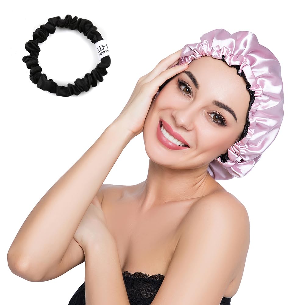 ELIHAIR Stain Bonnet Silky Sleep Cap Adjustable Satin Cap for Night Sleeping Hair Bonnet Reversible Double Layer Light Purple/Black