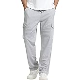 Suwangi Men’s Cargo Sweatpants Open Bottom Straight Fit Elastic Drawstring Pants with 5 Pockets for Casual Athletic Lounge