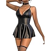 Foxiny Sexy Mini Plunge Stocking Leather Dress Choker Lingerie Set with Thong 3 Piece