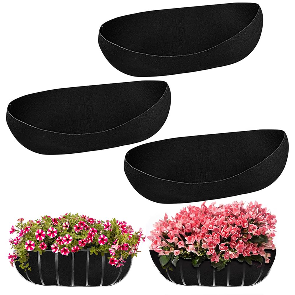 KBIBCK Hanging Basket Liner, 3PCS Felt Trough Planter Liners, Wall Basket Liner for Troughs, 24 IN Outdoor Planter Liners, Black Non-Woven Fabric for Wall Hanging Baskets, Window Boxes Garden Balcony
