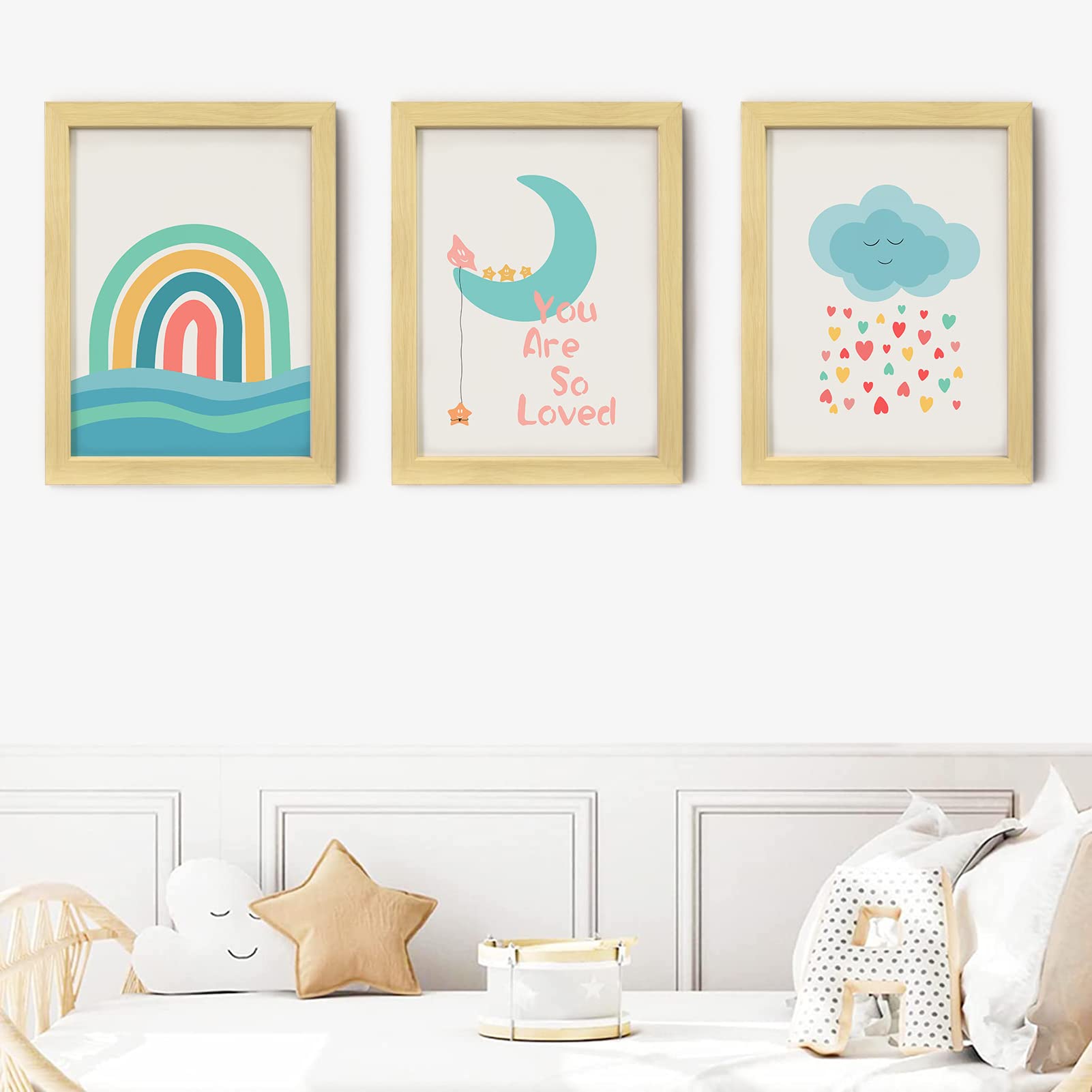 LAIMEIZI You Are So Loved Nursery Framed Wall Art Decor,12x16 Inch Set of 3 Boho Rainbow Bedroom Accessories Wall Art Prints for Walls Framed,Baby Girl Bedroom Decor for Nursery Decor