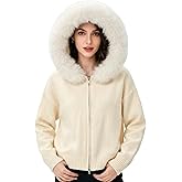 Yimoon Faux Fur Hooded Cardigan Sweaters for Women Open Front Zip Up Chunky Knit Cardigan with Fur Hood