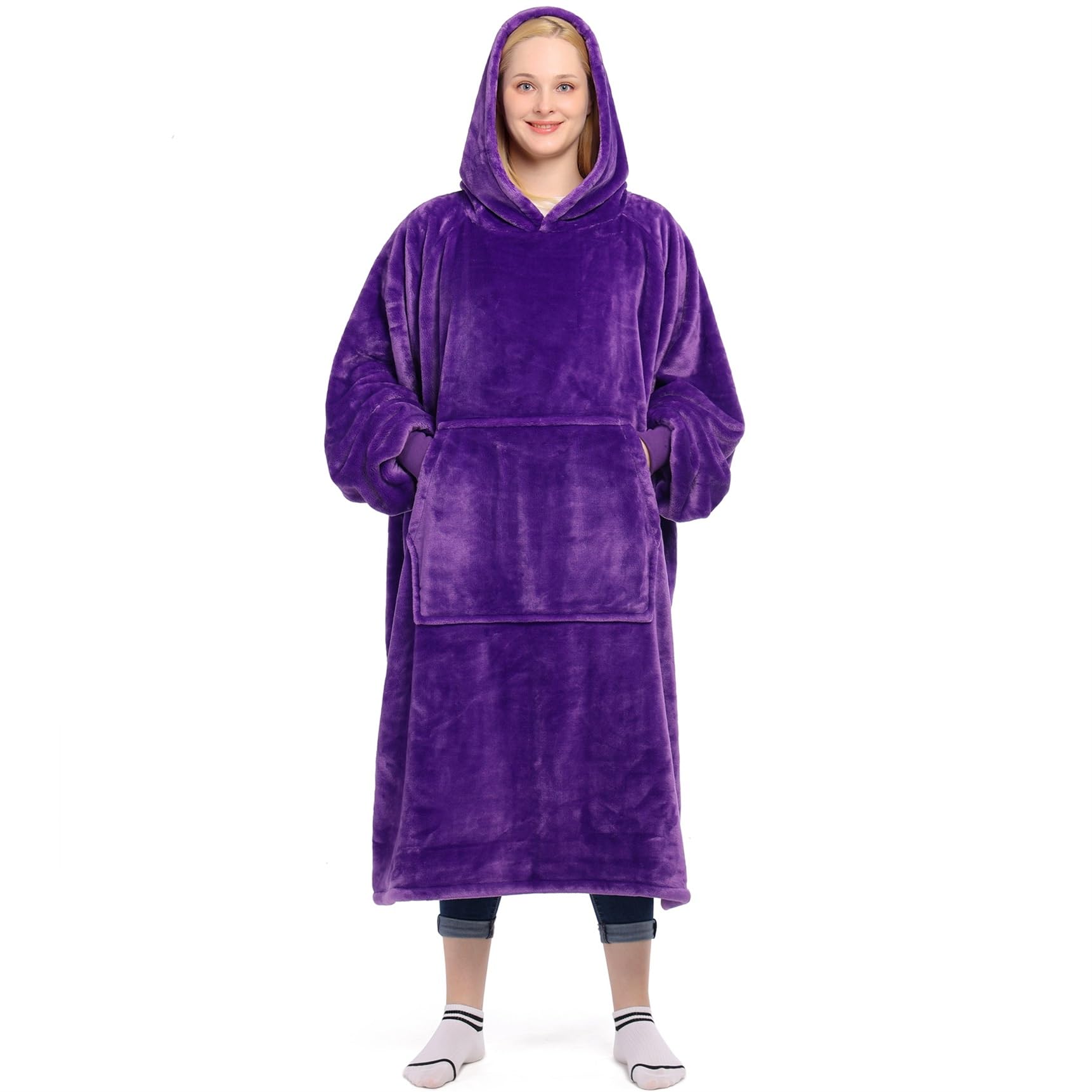 Waitu Wearable Blanket Sweatshirt Gifts for Women and Men, Warm and Cozy Giant Blanket Hoodie, Thick Flannel Blanket with Sleeves and Giant Pocket - Violet Image