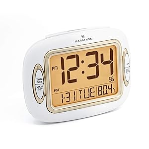 Marathon CL030051WH Atomic Alarm Clock with Auto Back Light Feature, Temperature and Date. Easy Set Buttons on Case Front. Color-White