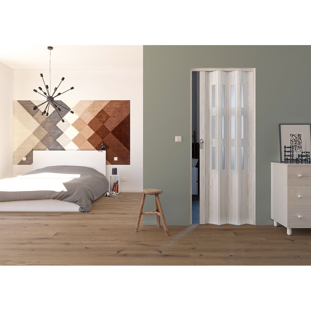 Porta A Soffietto In PVC Bianco - Vetro Satinato - Misura 88,5x214 Cm - Mod. Luciana - Made Italy - Garanzia 10 Anni