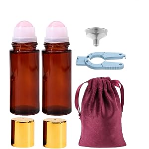 SOKBRTYMS Roller Ball Applicator,Rose Quartz Roller Ball Bottle,50ml Refillable Amber Glass Roll On Bottles with Natural Crys