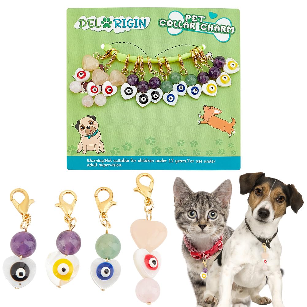 DELORIGINl 12pcs Evil Eye Pet Collar Charms Pendants - Heart Shaped Round Gemstone Charms for Cat Dog Collar - Decorative Keychain Versatile for Pet Bracelet
