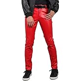 Idopy Men`s Business Slim Fit Five Pockets Faux Leather Pants Jeans (W34, Red)
