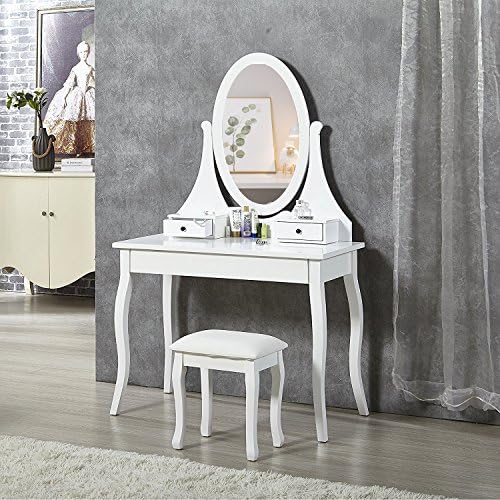 Organizedlife White Makeup Vanity Desk Set with Bench,Drawers and Large Mirror