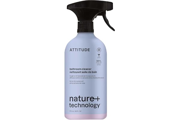 ATTITUDE Bathroom Cleaner Spray, Made in Canada, EWG Verified, Eliminates Soap Scum, Limescale, Streak Free, Lemon & Rosewood
