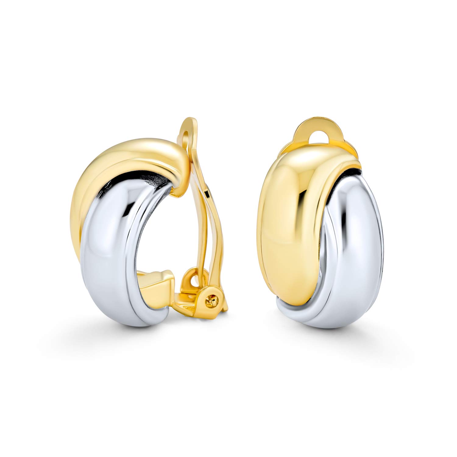 Two Tone Interlocking Circle Dome Half Hoop Clip On Earrings Non Pierced Polished Silver Tone Gold Plated Brass — image 1
