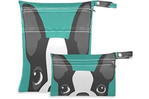 AUUXVA Waterproof Wet Dry Bag 2 Pack Boston Terrier Dog Cloth Diaper Bag Organizer Pouch Set with Zipper Pocket Washable Wet Bag for Travel Hiking Swimsuit