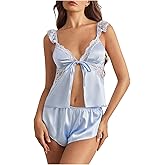 SHENHE Women's Satin Pajama Set Lace Trim Tie Front Cami and Shorts Silky Pjs Set Sleepwear