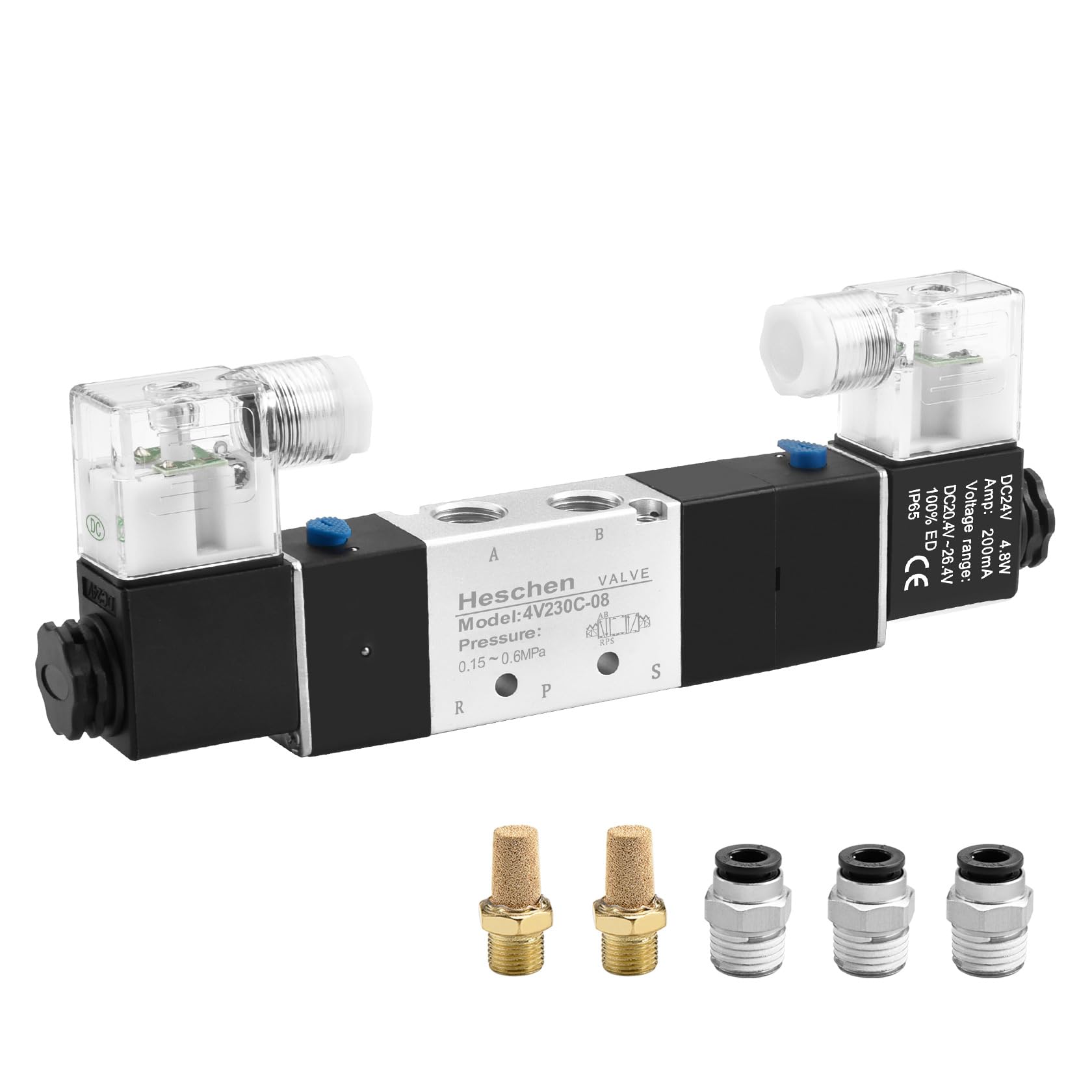 Heschen Electrical Pneumatic Solenoid Valve 4V230C-08 24VDC PT1/4 5 Way 3 Position Double Coil Pilot-Operated Electric Closed Type CE with Fittings and Muffler