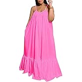 Adogirl Women's Sexy Spaghetti Strap Sleeveless Ruched Ruffle Hem Bandage Oversized Beach Loose Long Maxi Swing Dress