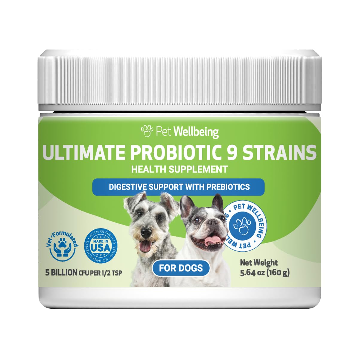 Pet Wellbeing Ultimate Probiotic 9 Strains with Prebiotics for Dogs - Supports the Gut Microbiome and Digestion, Immune System Care, Urinary Tract Health, FOS, 2.5 billion CFU - 5.64 oz (160 g) Powder
